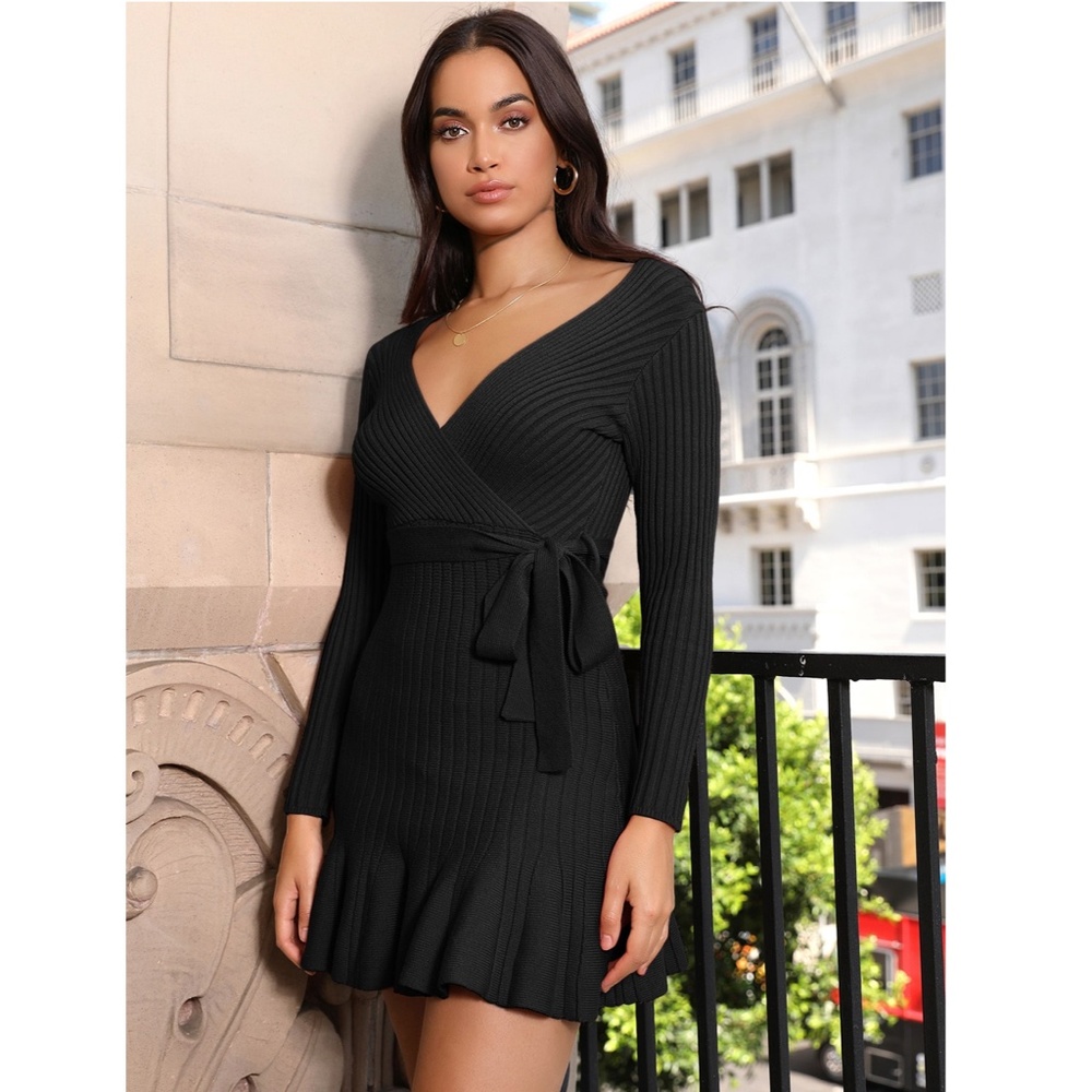 Black Knit Ruffle Hem V-Neck Mini Dress Belted - Picture 3 of 10
